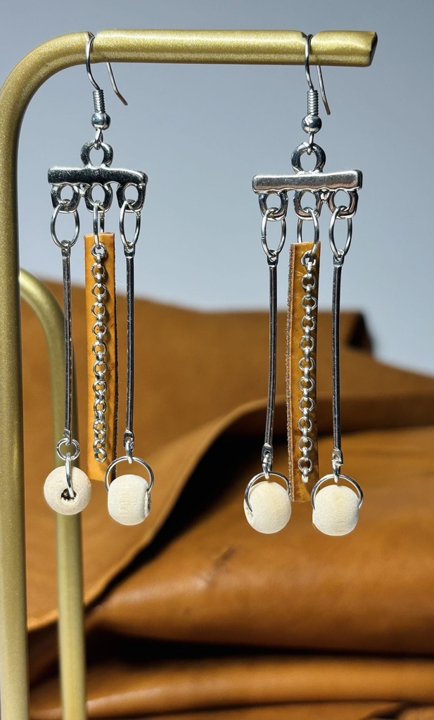 BOUCLES D'OREILLES 3 branches en cuir camel et bois