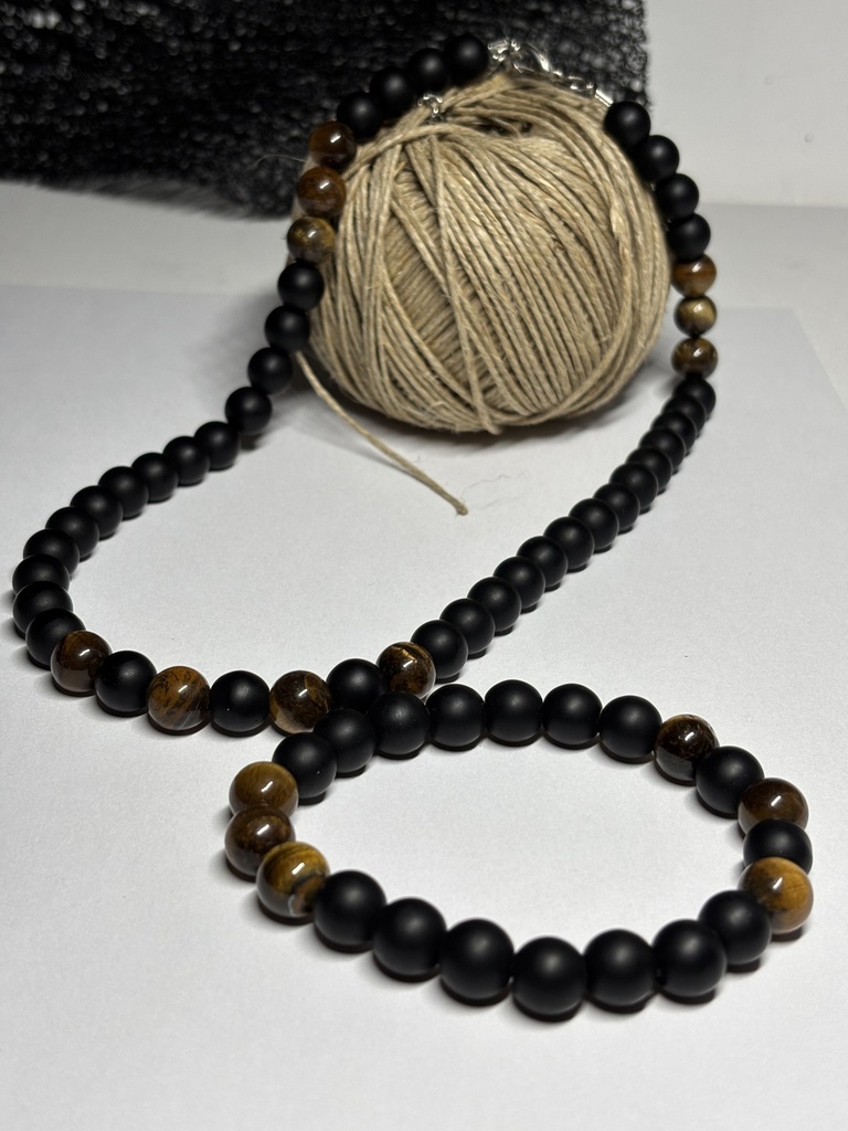 PARURE Homme COLLIER + BRACELET en Onyx et Œil de tigre