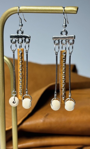 [BOF05] BOUCLES D'OREILLES 3 branches en cuir camel et bois