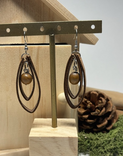 [BOF09] BOUCLES D'OREILLES en cuir camel et bois