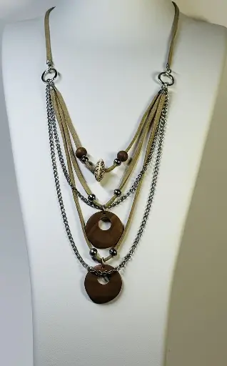 [COLF03] COLLIER Femme en bois, suédine et chaîne argentée 