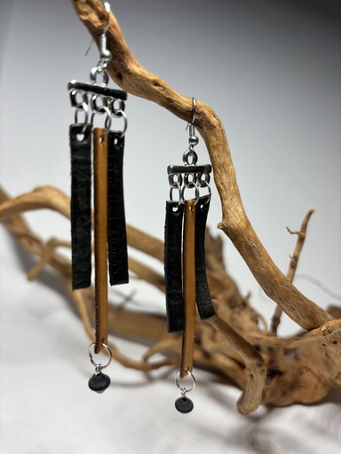[BOF14] BOUCLES D'OREILLES 3 branches en cuir camel et noir