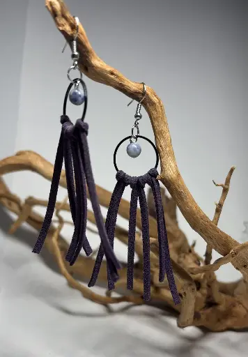 [BOF16] BOUCLES D'OREILLES en lacet suédine violet et pierre Jaspe bleu