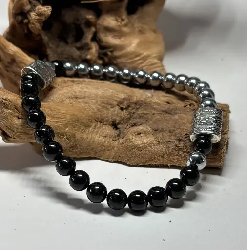 [BRAH32] BRACELET Homme en pierres Hématite et Tourmaline