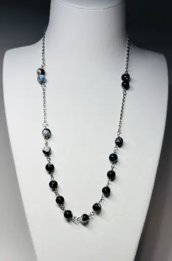[COLF23] COLLIER Femme en pierres noires et turquoises