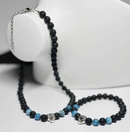 [PARH01] PARURE Homme COLLIER + BRACELET en pierres volcaniques et Apatites du Brésil