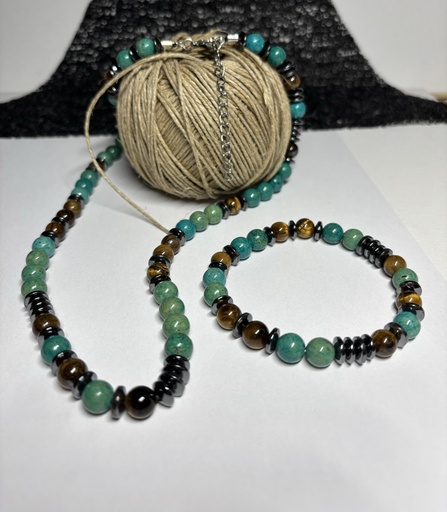 [PARH03] PARURE Homme COLLIER + BRACELET en Turquoise renforcée de Chine et Œil de tigre