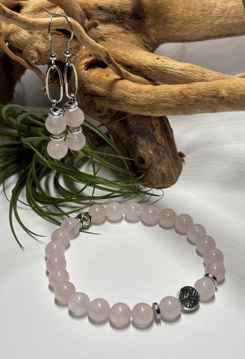 [PARF10] PARURE Femme BRACELET + BOUCLES D'OREILLES en Quartz rose du Brésil