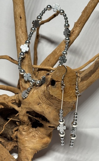 [PARF07] PARURE Femme BRACELET + BOUCLES D'OREILLES en Hématite silver