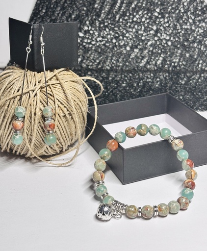 [PARF03] PARURE Femme BRACELET + BOUCLES D'OREILLES en Jaspe Aquaterra d'Afrique