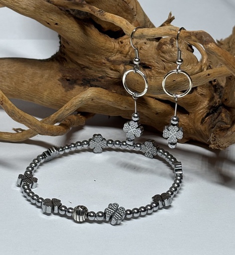 [PARF06] PARURE Femme BRACELET + BOUCLES D'OREILLES en Hématite silver