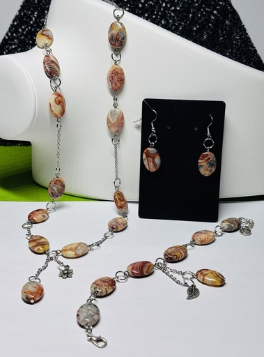 [PARF05] PARURE Femme COLLIER + BRACELET + BOUCLES D'OREILLES en Crazy Agate du Brésil « vigne » ovale