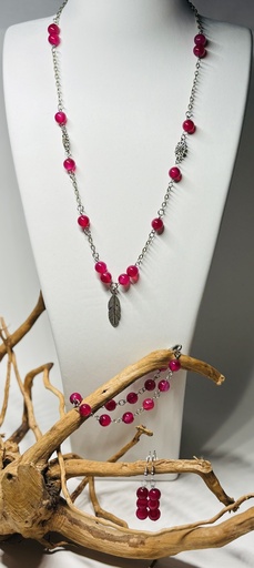 [PARF08] PARURE Femme COLLIER + BRACELET + BOUCLES D'OREILLES en Jade rose foncé
