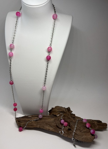 [PARF09] PARURE Femme COLLIER + BRACELET + BOUCLES D'OREILLES en Agate craquelée rose 