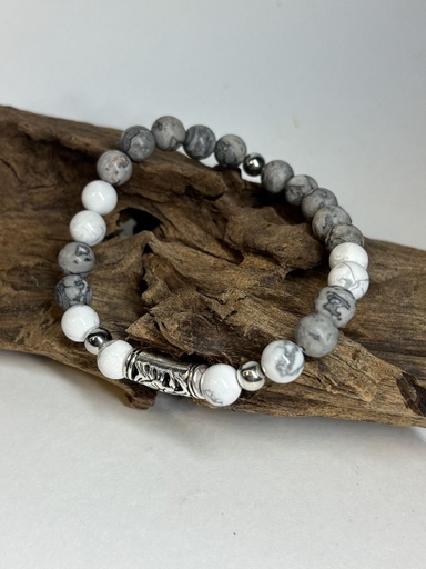 [BRAH24] BRACELET Homme en Jaspe Picasso d'Afrique gris mat et Howlite du Canada
