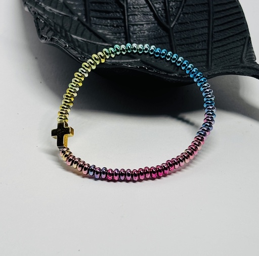 [BRAF18] BRACELET Femme en Hématite round roundel rainbow et croix Rainbow
